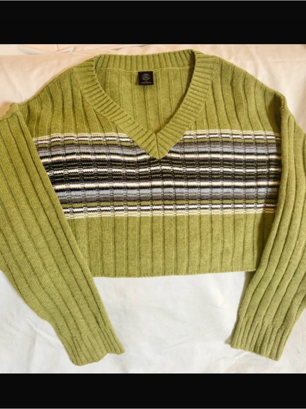Urban Outfitters Olive Green V-Neck Ribbed Sweater with Striped Chest Panel